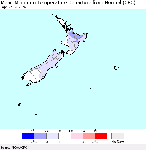 New Zealand Mean Minimum Temperature Departure from Normal (CPC) Thematic Map For 4/22/2024 - 4/28/2024