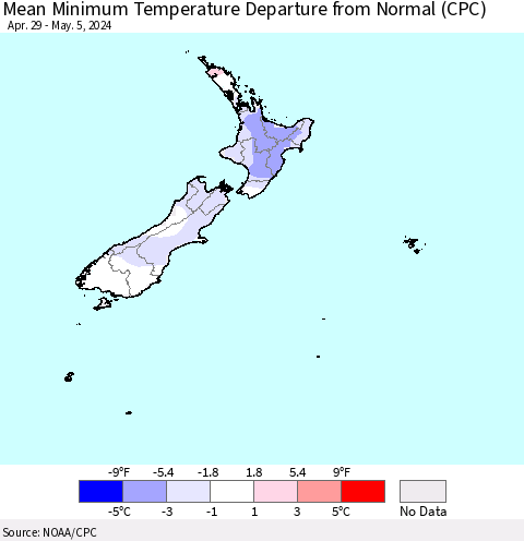 New Zealand Mean Minimum Temperature Departure from Normal (CPC) Thematic Map For 4/29/2024 - 5/5/2024