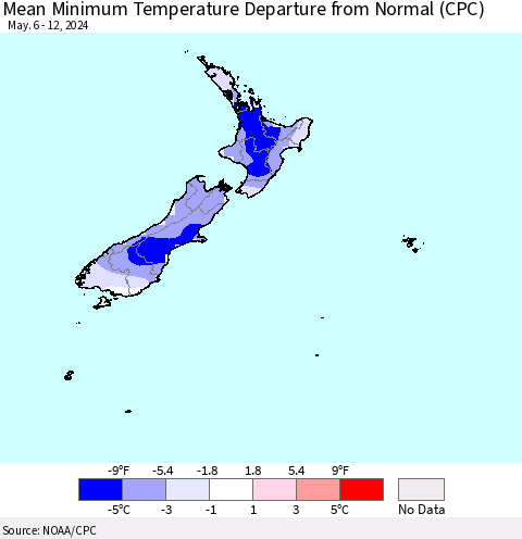New Zealand Mean Minimum Temperature Departure from Normal (CPC) Thematic Map For 5/6/2024 - 5/12/2024