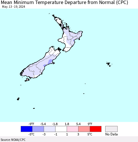 New Zealand Mean Minimum Temperature Departure from Normal (CPC) Thematic Map For 5/13/2024 - 5/19/2024
