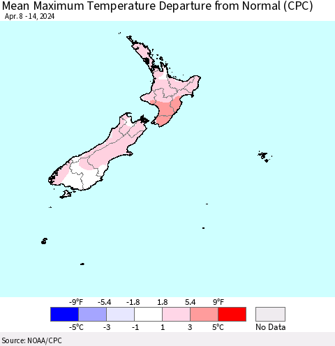 New Zealand Mean Maximum Temperature Departure from Normal (CPC) Thematic Map For 4/8/2024 - 4/14/2024