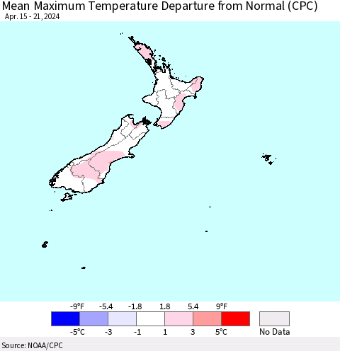New Zealand Mean Maximum Temperature Departure from Normal (CPC) Thematic Map For 4/15/2024 - 4/21/2024