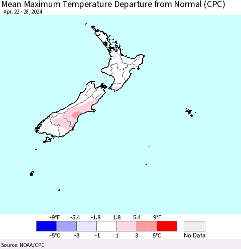 New Zealand Mean Maximum Temperature Departure from Normal (CPC) Thematic Map For 4/22/2024 - 4/28/2024