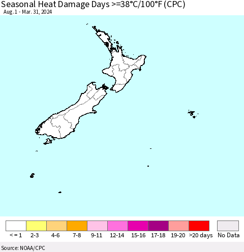 New Zealand Seasonal Heat Damage Days >=38°C/100°F (CPC) Thematic Map For 8/1/2023 - 3/31/2024