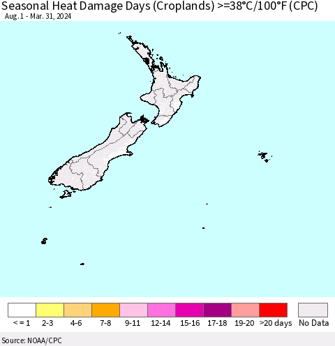New Zealand Seasonal Heat Damage Days (Croplands) >=38°C/100°F (CPC) Thematic Map For 8/1/2023 - 3/31/2024