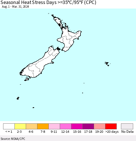 New Zealand Seasonal Heat Stress Days >=35°C/95°F (CPC) Thematic Map For 8/1/2023 - 3/31/2024