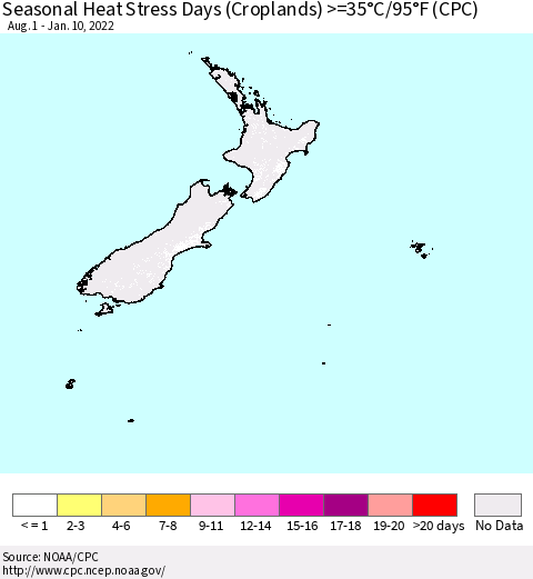 New Zealand Seasonal Heat Stress Days (Croplands) >=35°C/95°F (CPC) Thematic Map For 8/1/2021 - 1/10/2022