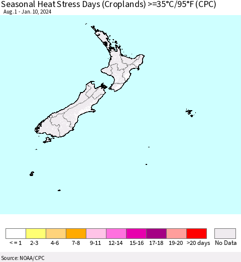 New Zealand Seasonal Heat Stress Days (Croplands) >=35°C/95°F (CPC) Thematic Map For 8/1/2023 - 1/10/2024