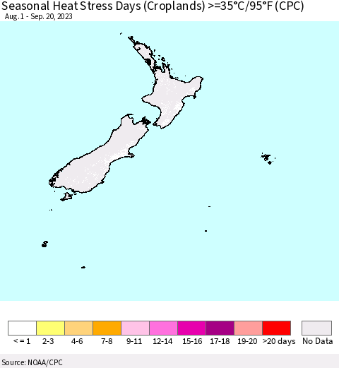 New Zealand Seasonal Heat Stress Days (Croplands) >=35°C/95°F (CPC) Thematic Map For 8/1/2023 - 9/20/2023