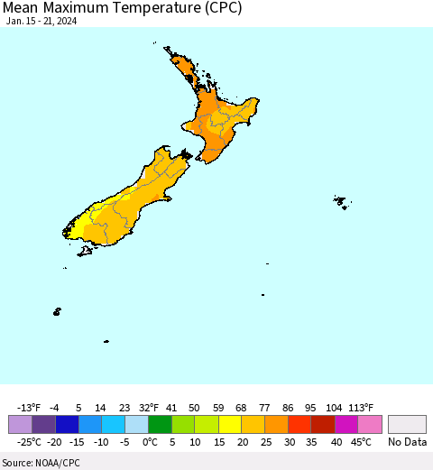 New Zealand Mean Maximum Temperature (CPC) Thematic Map For 1/15/2024 - 1/21/2024