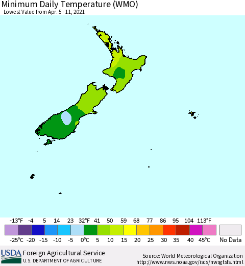 New Zealand Minimum Daily Temperature (WMO) Thematic Map For 4/5/2021 - 4/11/2021