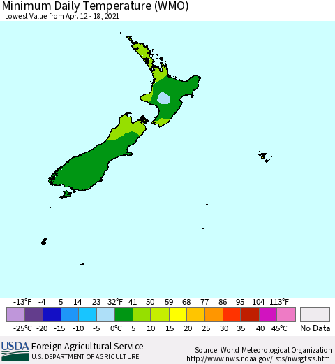 New Zealand Minimum Daily Temperature (WMO) Thematic Map For 4/12/2021 - 4/18/2021