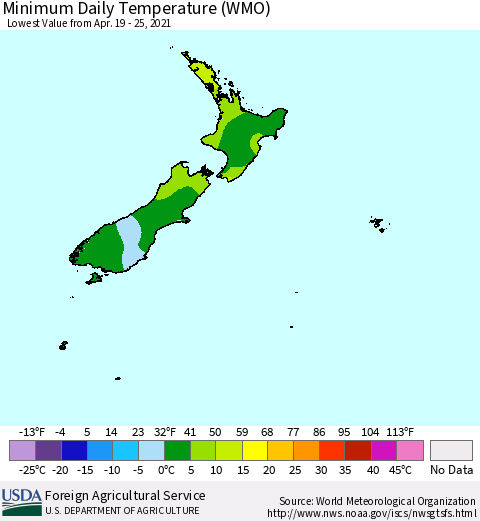 New Zealand Minimum Daily Temperature (WMO) Thematic Map For 4/19/2021 - 4/25/2021