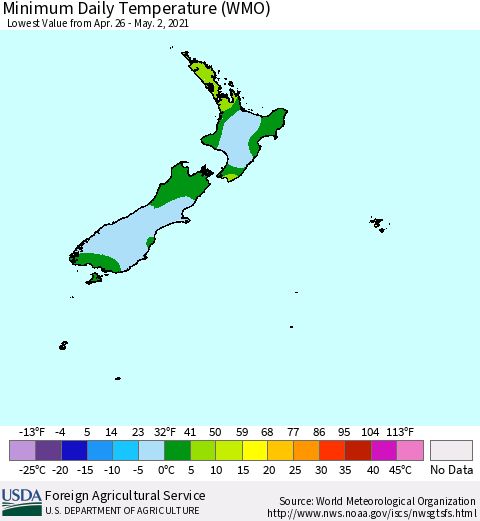 New Zealand Minimum Daily Temperature (WMO) Thematic Map For 4/26/2021 - 5/2/2021