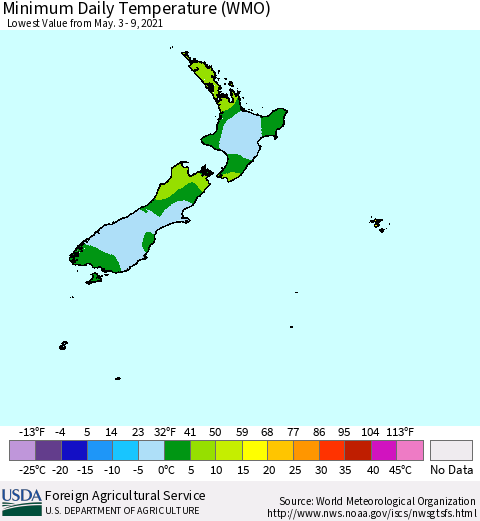 New Zealand Minimum Daily Temperature (WMO) Thematic Map For 5/3/2021 - 5/9/2021