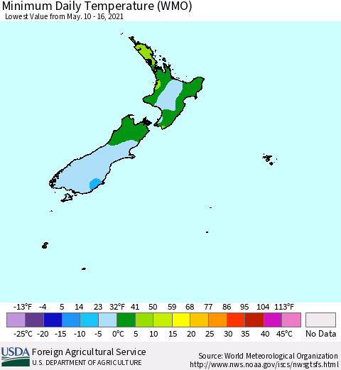 New Zealand Minimum Daily Temperature (WMO) Thematic Map For 5/10/2021 - 5/16/2021