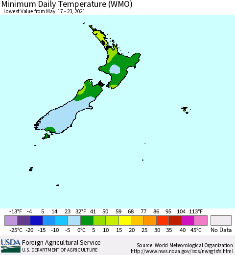New Zealand Minimum Daily Temperature (WMO) Thematic Map For 5/17/2021 - 5/23/2021