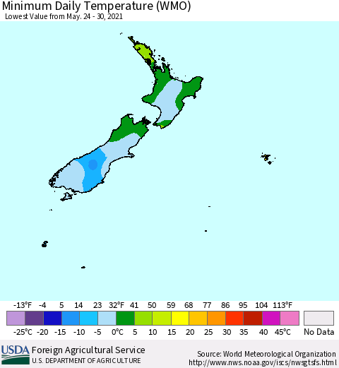 New Zealand Minimum Daily Temperature (WMO) Thematic Map For 5/24/2021 - 5/30/2021