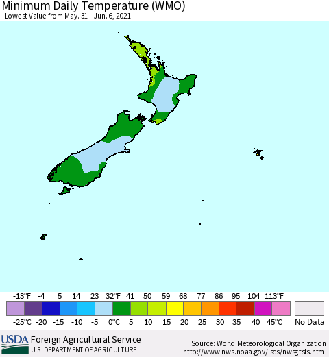 New Zealand Minimum Daily Temperature (WMO) Thematic Map For 5/31/2021 - 6/6/2021
