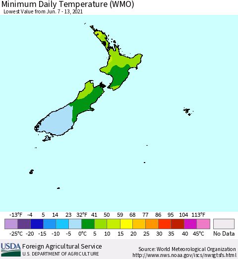 New Zealand Minimum Daily Temperature (WMO) Thematic Map For 6/7/2021 - 6/13/2021