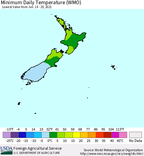 New Zealand Minimum Daily Temperature (WMO) Thematic Map For 6/14/2021 - 6/20/2021