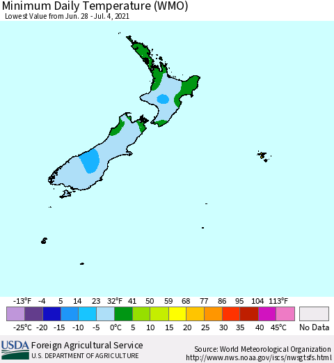 New Zealand Minimum Daily Temperature (WMO) Thematic Map For 6/28/2021 - 7/4/2021