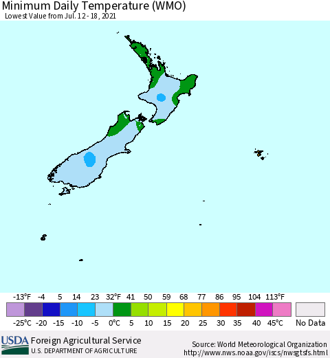 New Zealand Minimum Daily Temperature (WMO) Thematic Map For 7/12/2021 - 7/18/2021
