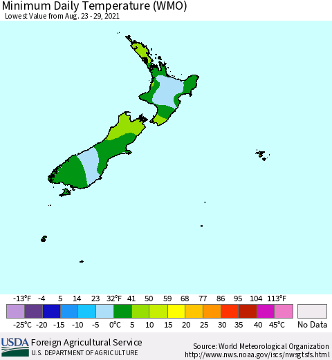 New Zealand Minimum Daily Temperature (WMO) Thematic Map For 8/23/2021 - 8/29/2021