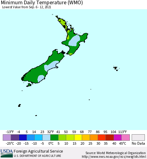 New Zealand Minimum Daily Temperature (WMO) Thematic Map For 9/6/2021 - 9/12/2021