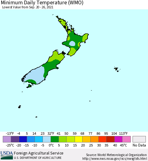 New Zealand Minimum Daily Temperature (WMO) Thematic Map For 9/20/2021 - 9/26/2021