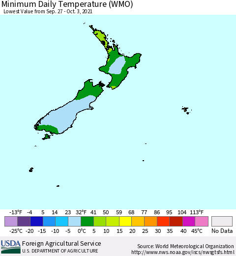New Zealand Minimum Daily Temperature (WMO) Thematic Map For 9/27/2021 - 10/3/2021