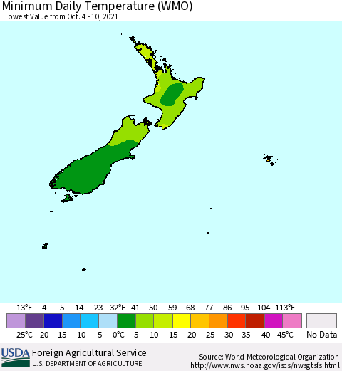 New Zealand Minimum Daily Temperature (WMO) Thematic Map For 10/4/2021 - 10/10/2021