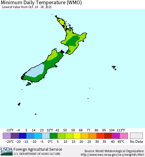 New Zealand Minimum Daily Temperature (WMO) Thematic Map For 10/18/2021 - 10/24/2021