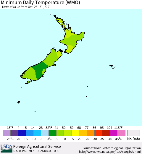 New Zealand Minimum Daily Temperature (WMO) Thematic Map For 10/25/2021 - 10/31/2021