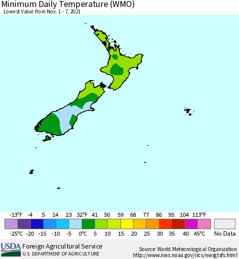 New Zealand Minimum Daily Temperature (WMO) Thematic Map For 11/1/2021 - 11/7/2021