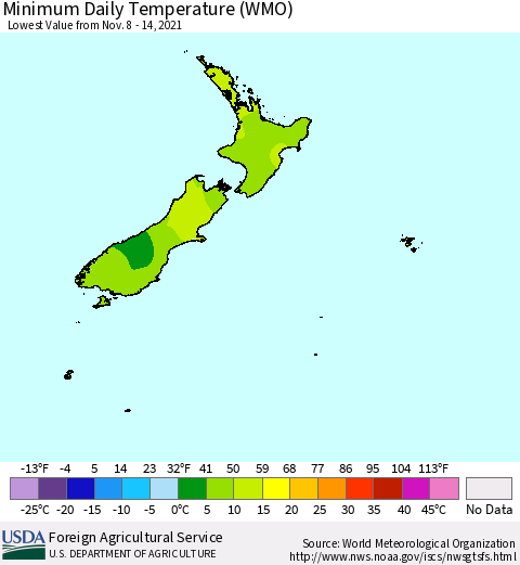 New Zealand Minimum Daily Temperature (WMO) Thematic Map For 11/8/2021 - 11/14/2021