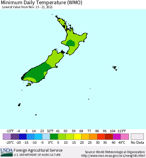 New Zealand Minimum Daily Temperature (WMO) Thematic Map For 11/15/2021 - 11/21/2021