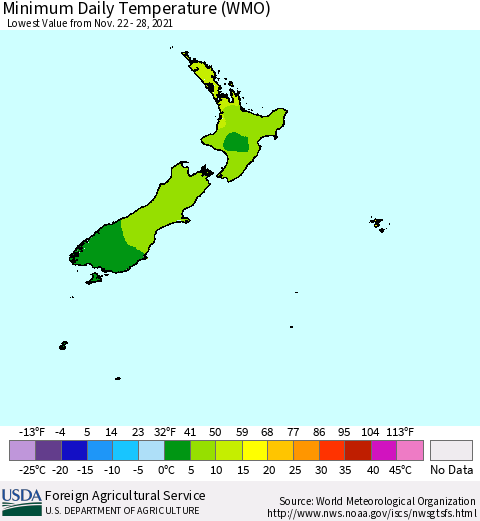 New Zealand Minimum Daily Temperature (WMO) Thematic Map For 11/22/2021 - 11/28/2021