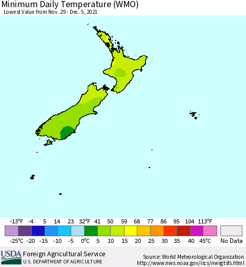 New Zealand Minimum Daily Temperature (WMO) Thematic Map For 11/29/2021 - 12/5/2021