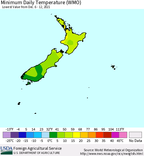 New Zealand Minimum Daily Temperature (WMO) Thematic Map For 12/6/2021 - 12/12/2021