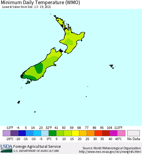 New Zealand Minimum Daily Temperature (WMO) Thematic Map For 12/13/2021 - 12/19/2021