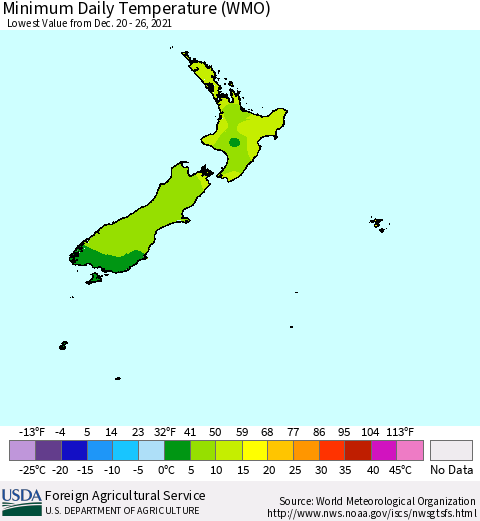 New Zealand Minimum Daily Temperature (WMO) Thematic Map For 12/20/2021 - 12/26/2021