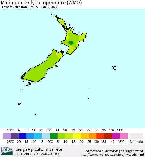 New Zealand Minimum Daily Temperature (WMO) Thematic Map For 12/27/2021 - 1/2/2022