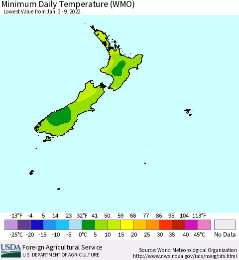New Zealand Minimum Daily Temperature (WMO) Thematic Map For 1/3/2022 - 1/9/2022