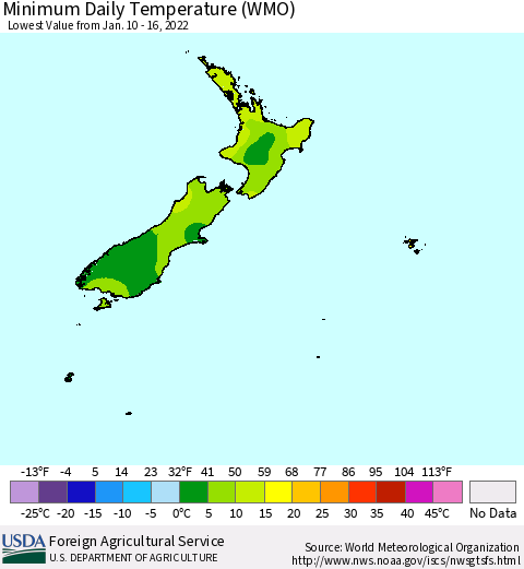 New Zealand Minimum Daily Temperature (WMO) Thematic Map For 1/10/2022 - 1/16/2022
