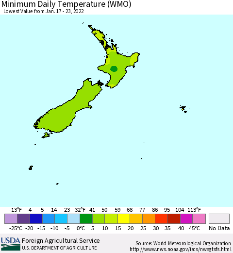 New Zealand Minimum Daily Temperature (WMO) Thematic Map For 1/17/2022 - 1/23/2022