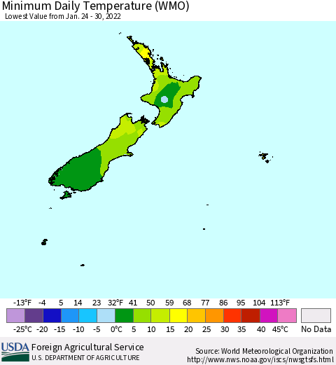 New Zealand Minimum Daily Temperature (WMO) Thematic Map For 1/24/2022 - 1/30/2022