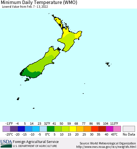 New Zealand Minimum Daily Temperature (WMO) Thematic Map For 2/7/2022 - 2/13/2022
