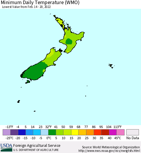 New Zealand Minimum Daily Temperature (WMO) Thematic Map For 2/14/2022 - 2/20/2022