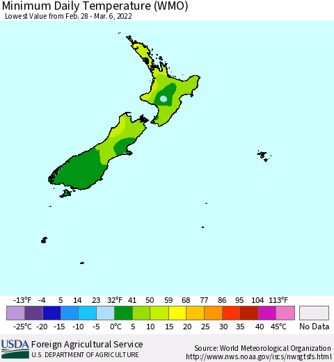 New Zealand Minimum Daily Temperature (WMO) Thematic Map For 2/28/2022 - 3/6/2022